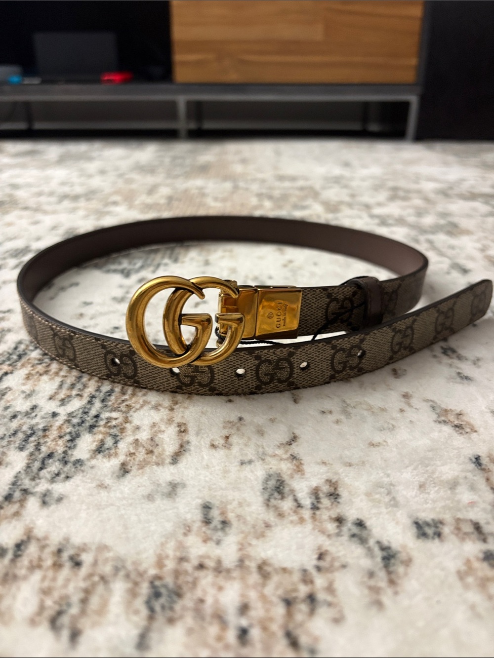 Authentic Gucci Blondie Thin GG Supreme Canvas & Leather Belt